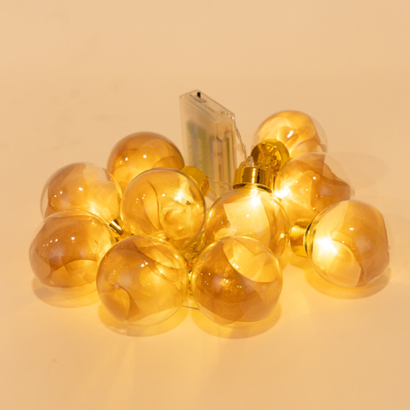 ΣΕΙΡΑ, 10 LED 5mm, ΔΙΑΚΟΣΜΗΤΙΚEΣ ΜΠΑΛΕΣ ΜΕ ΡΟΖ ΧΡΥΣΟ ΥΦΑΣΜΑ, ΜΠΑΤΑΡΙΑΣ 3ΧΑΑ, ΧΡΟΝΟΔΙΑΚΟΠΤΗ, ΘΕΡΜΟ ΛΕΥΚΟ LED ΑΝΑ 15cm,  ΔΙΑΦΑΝΟ PVC ΚΑΛΩΔΙΟ, ΠΡΟΕΚΤΑΣΗ ΠΑΡΟΧΗΣ 30cm, IP20