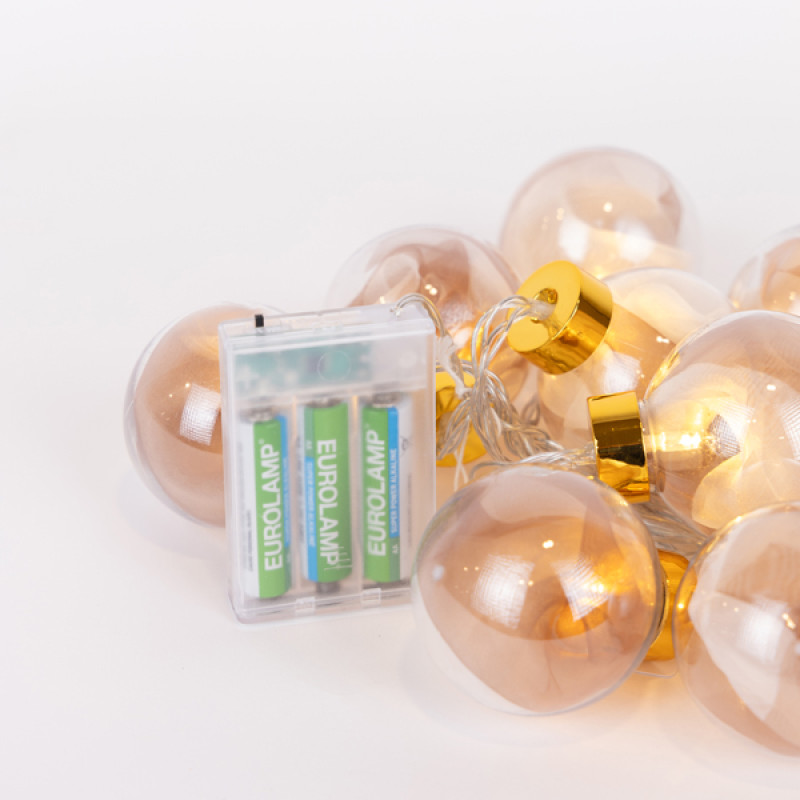 ΣΕΙΡΑ, 10 LED 5mm, ΔΙΑΚΟΣΜΗΤΙΚEΣ ΜΠΑΛΕΣ ΜΕ ΡΟΖ ΧΡΥΣΟ ΥΦΑΣΜΑ, ΜΠΑΤΑΡΙΑΣ 3ΧΑΑ, ΧΡΟΝΟΔΙΑΚΟΠΤΗ, ΘΕΡΜΟ ΛΕΥΚΟ LED ΑΝΑ 15cm,  ΔΙΑΦΑΝΟ PVC ΚΑΛΩΔΙΟ, ΠΡΟΕΚΤΑΣΗ ΠΑΡΟΧΗΣ 30cm, IP20