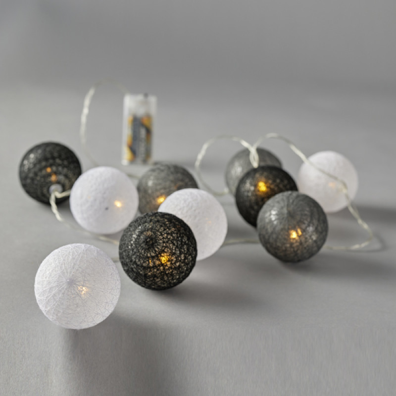 ΣΕΙΡΑ, 10 LED 5mm, ΛΕΥΚΕΣ, ΓΚΡΙ & ΜΑΥΡΕΣ ΥΦΑΣΜΑΤΙΝΕΣ ΜΠΑΛΕΣ 6cm, ΜΠΑΤΑΡΙΑΣ 2xAA, ΧΡΟΝΟΔΙΑΚΟΠΤΗ, ΔΙΑΦΑΝΟ PVC ΚΑΛΩΔΙΟ, 10 ΘΕΡΜΑ ΛΕΥΚΑ LED ΑΝΑ 10cm, ΠΡΟΕΚΤΑΣΗ ΠΑΡΟΧΗΣ 30cm, IP20