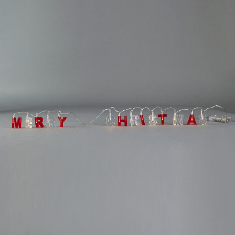 ΣΕΙΡΑ, 14 LED 5mm, 'MERRY CHRISTMAS' ΜΕ ΚΟΚΚΙΝΑ & ΑΣΠΡΑ ΓΡΑΜΜΑΤΑ, ΜΠΑΤΑΡΙΑΣ 2xAA, TIMER,  ΔΙΑΦΑΝΟ PVC ΚΑΛΩΔΙΟ, ΘΕΡΜΟ ΛΕΥΚΟ LED ΑΝΑ 8cm, ΠΡΟΕΚΤΑΣΗ ΠΑΡΟΧΗΣ 30cm, IP20