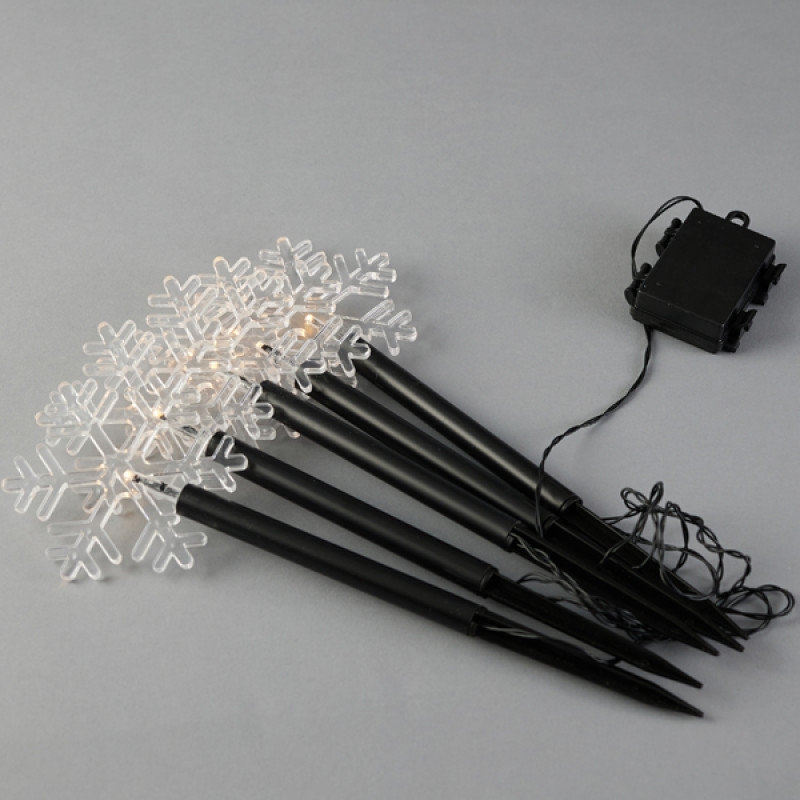 ΣΕΙΡΑ, 5 LED 3mm, 5 ΧΙΟΝΟΝΙΦΑΔΕΣ ΜΕ ΡΑΒΔΙ ΓΙΑ ΕΔΑΦΟΣ 34.5cm, ΗΛΙΑΚΟ ΣΥΛΛΕΚΤΗ ΜΕ ΑΙΣΘΗΤΗΡΑ ΦΩΤΟΣ, ΜΑΥΡΟ PVC ΚΑΛΩΔΙΟ, ΘΕΡΜΟ ΛΕΥΚΟ LED ΑΝΑ 35cm, ΠΡΟΕΚΤΑΣΗ ΠΑΡΟΧΗΣ 2m, IP44