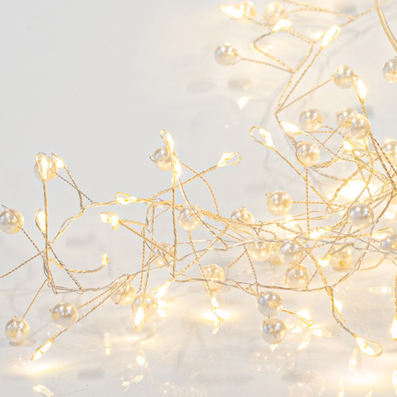 CLUSTER 2m, 120 MINI LED, ΠΕΡΛΕΣ, ΜΠΑΤΑΡΙΑΣ 3xAA, ΑΣΗΜΙ ΧΑΛΚΙΝΟ ΚΑΛΩΔΙΟ, ΘΕΡΜΟ ΛΕΥΚΟ LED, ΠΡΟΕΚΤΑΣΗ ΠΑΡΟΧΗΣ 50cm, IP20