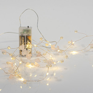 ΣΕΙΡΑ, 20 MINI LED, ΑΚΡΥΛΙΚΑ ΛΟΥΛΟΥΔΙΑ & ΠΕΡΛΕΣ, ΜΠΑΤΑΡΙΑΣ 2xAA, ΧΡΟΝΟΔΙΑΚΟΠΤΗ, ΑΣΗΜΙ ΧΑΛΚΙΝΟ ΚΑΛΩΔΙΟ, ΘΕΡΜΟ ΛΕΥΚΟ LED ΑΝΑ 7.5cm, ΠΡΟΕΚΤΑΣΗ ΠΑΡΟΧΗΣ 50cm, IP20