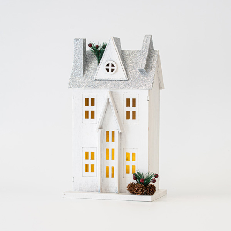 ΞΥΛΙΝΟ ΣΠΙΤΑΚΙ ΦΩΤΙΖΟΜΕΝΟ, ΛΕΥΚΟ-ΓΚΡΙ, 3 LED 5mm, ΜΠΑΤΑΡΙΑΣ, ΘΕΡΜΟ ΛΕΥΚΟ, 17x11x31cm, IP20