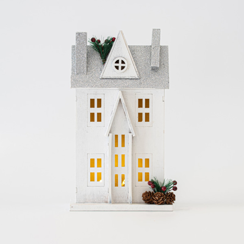 ΞΥΛΙΝΟ ΣΠΙΤΑΚΙ ΦΩΤΙΖΟΜΕΝΟ, ΛΕΥΚΟ-ΓΚΡΙ, 3 LED 5mm, ΜΠΑΤΑΡΙΑΣ, ΘΕΡΜΟ ΛΕΥΚΟ, 17x11x31cm, IP20