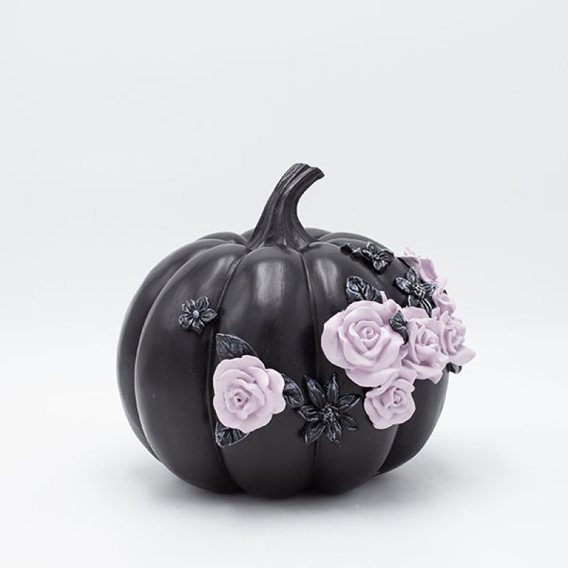 ΚΟΛΟΚΥΘΑ ΠΟΛΥΡΕΖΙΝ, ΜΑΥΡΗ, ΜΕ ΡΟΖ ΤΡΙΑΝΤΑΦΥΛΛΑ, HALLOWEEN, 21x21.5x18.8cm