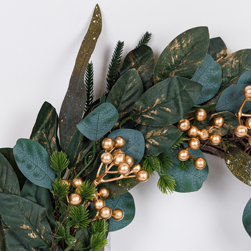 ΣΤΕΦΑΝΙ ΜΕ ΠΡΑΣΙΝΑ ΧΡΥΣΑ ΦΥΛΛΑ ΚΑΙ ΣΑΜΠΑΝΙ BERRIES, 50cm