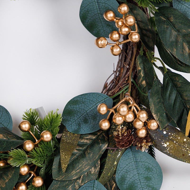 ΣΤΕΦΑΝΙ ΜΕ ΠΡΑΣΙΝΑ ΧΡΥΣΑ ΦΥΛΛΑ ΚΑΙ ΣΑΜΠΑΝΙ BERRIES, 50cm