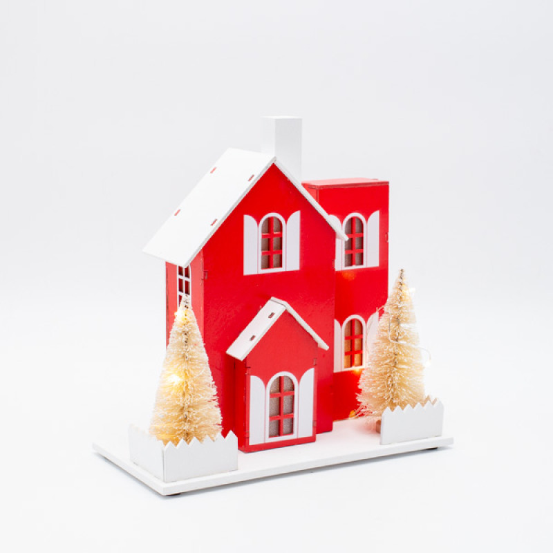 ΦΩΤΙΖΟΜΕΝΟ ΞΥΛΙΝΟ ΣΠΙΤΙ, ΚΟΚΚΙΝΟ & ΛΕΥΚΟ, ΜΠΑΤΑΡΙΑΣ 2xAA, ΧΡΟΝΟΔΙΑΚΟΠΤΗ, 10 ΘΕΡΜΑ ΛΕΥΚΑ LED, 20x10x20cm, IP20