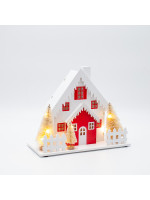 ΦΩΤΙΖΟΜΕΝΟ ΞΥΛΙΝΟ ΣΠΙΤΙ, ΚΟΚΚΙΝΟ & ΛΕΥΚΟ, ME ΔΕΝΤΡΑ ΚΑΙ ΧΙΟΝΙΣΜΕΝΗ ΟΡΟΦΗ ΜΠΑΤΑΡΙΑΣ 2xAA, ΧΡΟΝΟΔΙΑΚΟΠΤΗ, 10 ΘΕΡΜΑ ΛΕΥΚΑ LED, 20x10x20cm, IP20