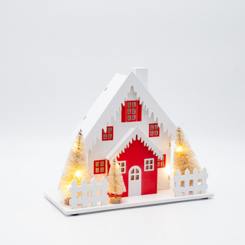 ΦΩΤΙΖΟΜΕΝΟ ΞΥΛΙΝΟ ΣΠΙΤΙ, ΚΟΚΚΙΝΟ & ΛΕΥΚΟ, ME ΔΕΝΤΡΑ ΚΑΙ ΧΙΟΝΙΣΜΕΝΗ ΟΡΟΦΗ ΜΠΑΤΑΡΙΑΣ 2xAA, ΧΡΟΝΟΔΙΑΚΟΠΤΗ, 10 ΘΕΡΜΑ ΛΕΥΚΑ LED, 20x10x20cm, IP20