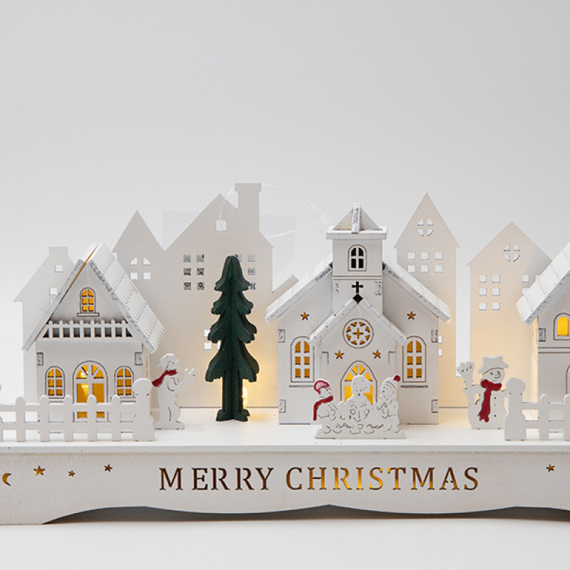 ΞΥΛΙΝΗ ΠΑΡΑΣΤΑΣΗ ΜΕ ΣΠΙΤΑΚΙΑ, ΛΕΥΚΗ, ΦΩΤΙΖΟΜΕΝΗ, TIMER, ΜΠΑΤΑΡΙΑΣ, 33x8x12.5cm